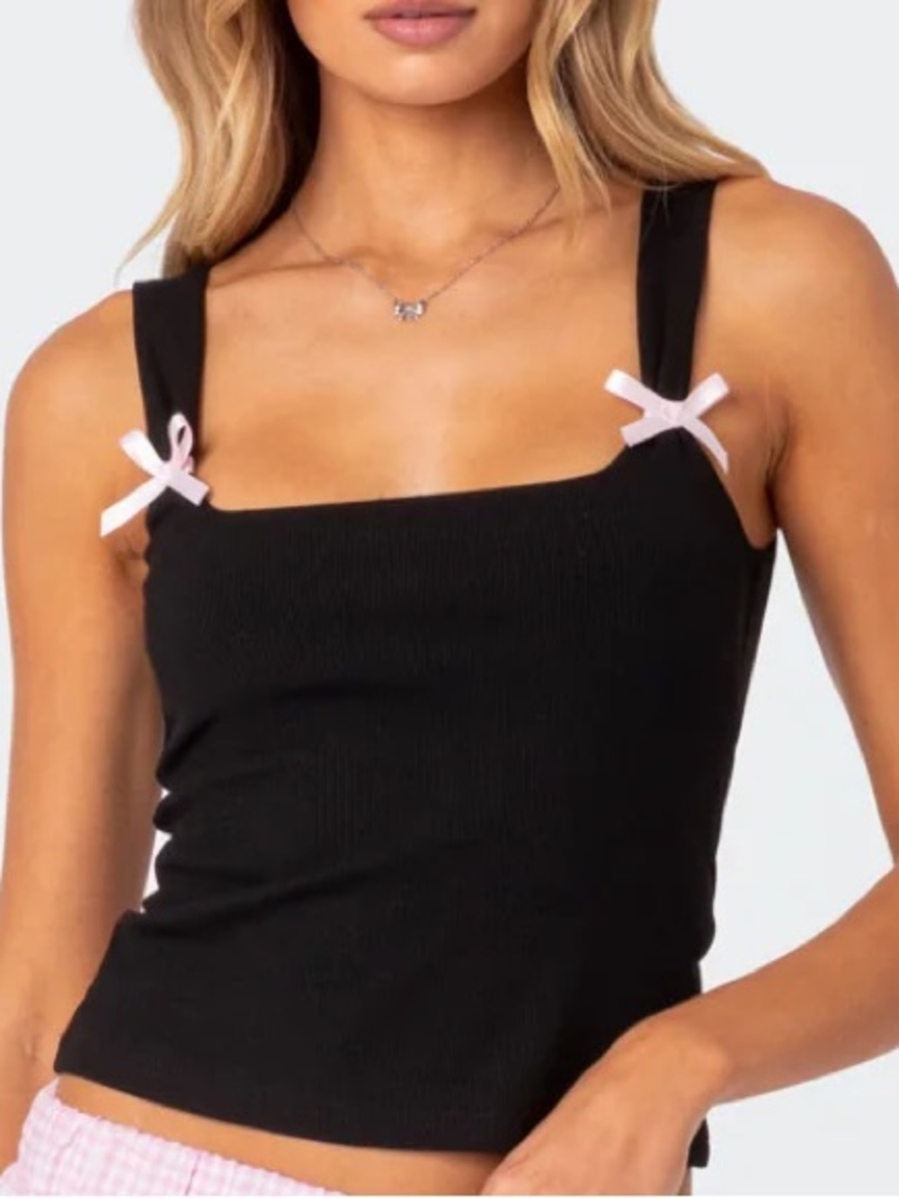 Edikted Ribbed Black Camisole with Pink Ribbon Accents